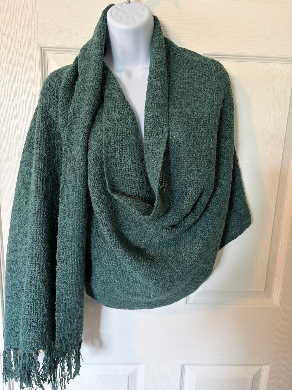 Soft Evergreen Knit Wrap Scarf with Fringed Edges